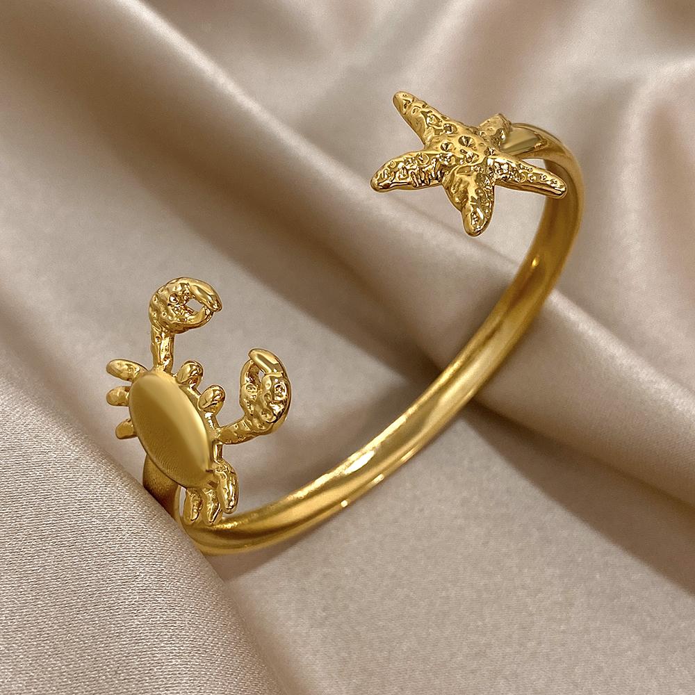 FLASHBUY Stainless Steel Open Bangle for Women and Men, Wrist Zircon, Starfish, Crab, Gold Color, Vintage Trend