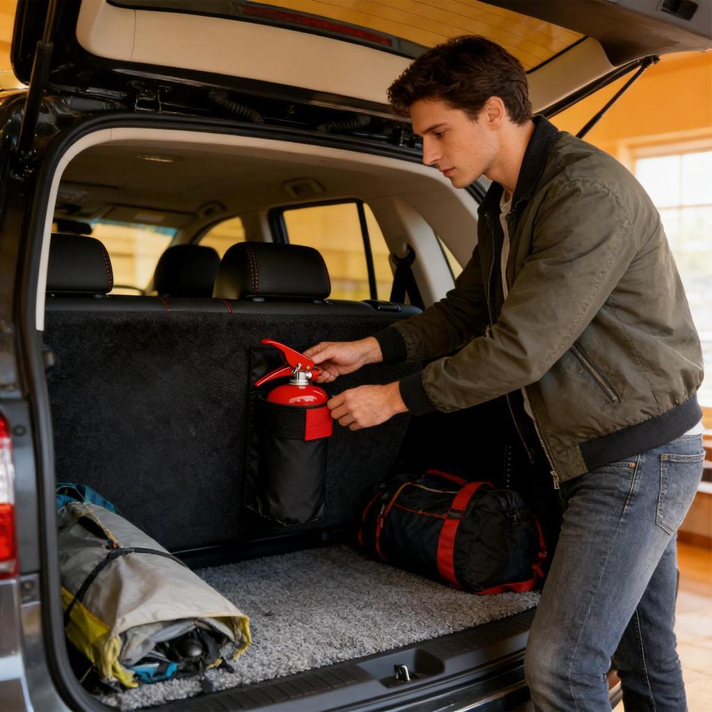 Car fire extinguisher organizer Durable trunk storage bag and seat back bracket for storing fire extinguishers in vehicles