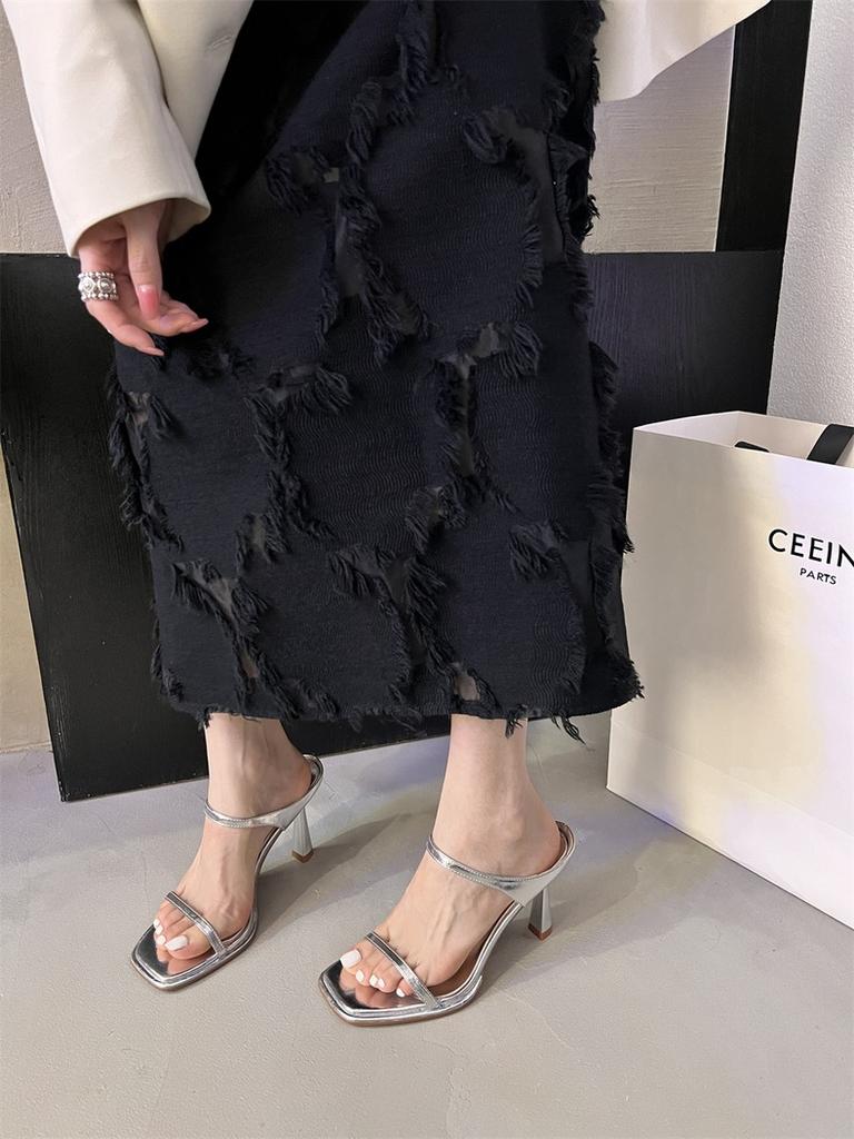 2025 New French Gold Square Head with Thin Heel Sandals for Women's Summer Wear Sexy High-heeled Open-toed Sandals