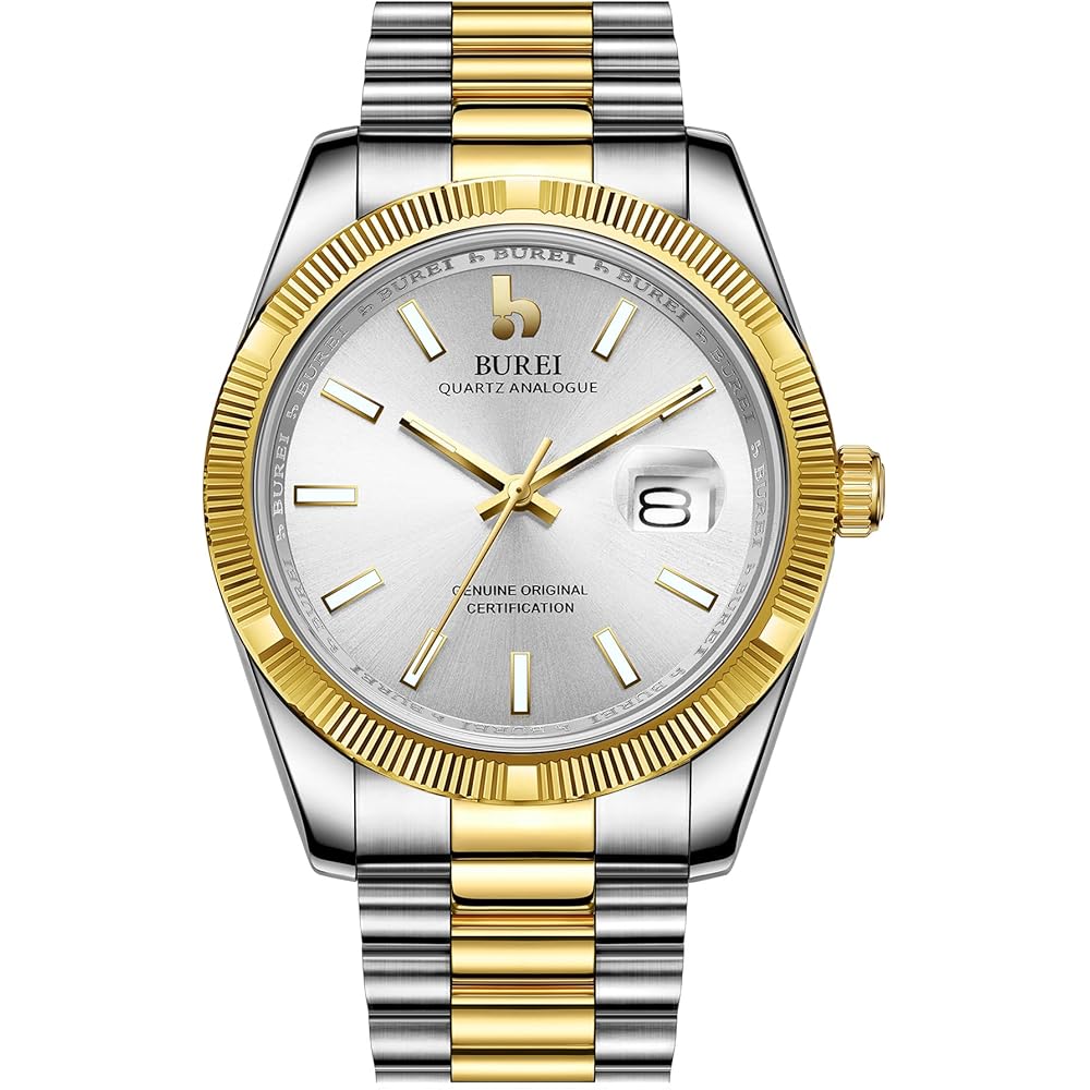 BUREI Men s Analog Quartz Watch Waterproof Silver Gold Luminous Business Fashion Timepiece