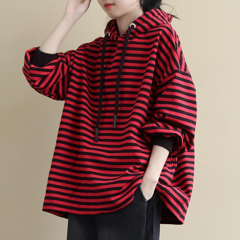 Plus Size Women Long Sleeve Hooded Sweatshirts Autumn Winter Warm Loose Casual Plush Thickened Hoodie Oversized Stripe Tops