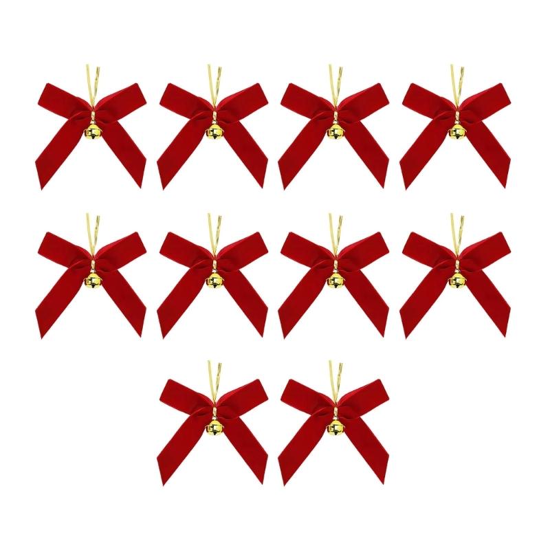 10Pcs Velvety Ribbon Bowknot Ornament with Bell Christmas Tree Hanging Decoration For Wreath Festival Celebration