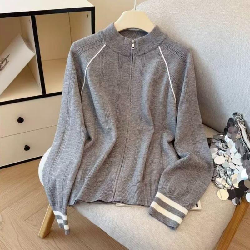 College-style Stand-up Collar, Zipper, Long-sleeved Sweater, Knitted Sweater, Women's Autumn Commuter Versatile Coat Top