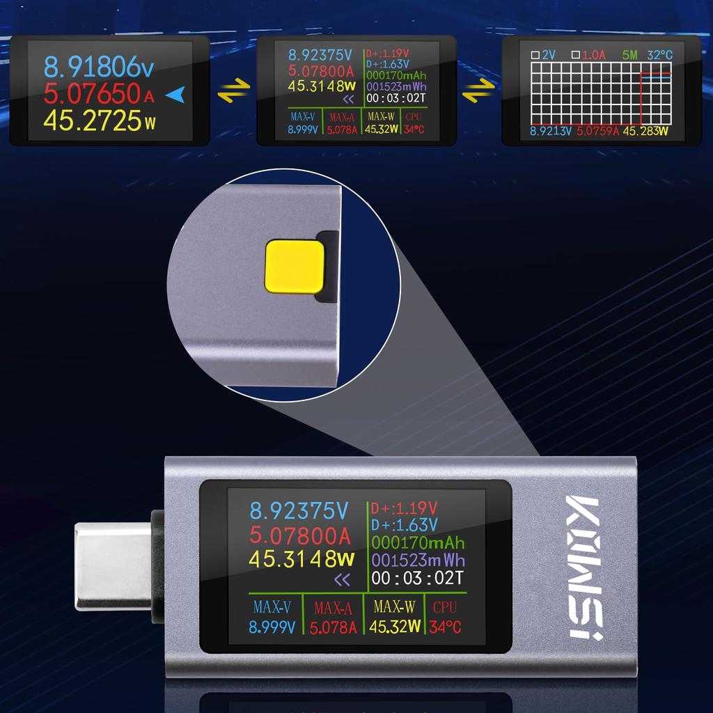 DiyStudio 360W Current and Voltage Dual USB USB C Meter USBC Multimeter Bidirectional Current Curve Mobile Charging No Drivers or Software Plug and