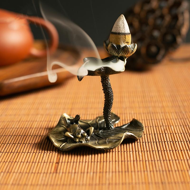 Solid Brass Lotus Frog Carp Backflow Incense Burner Censer Holder Ornaments Sandalwood Burner Reflux Incense Stick Holder