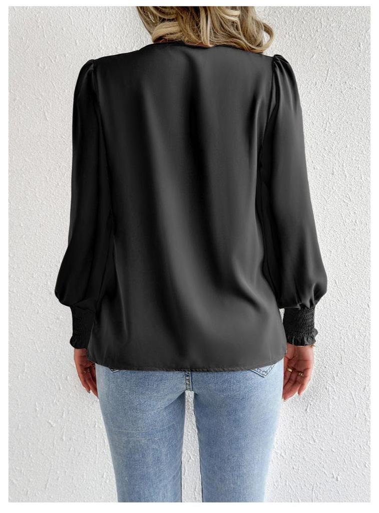 Women's Chiffon V-neck Lantern Sleeve Blouse - Solid Color Fashion Top