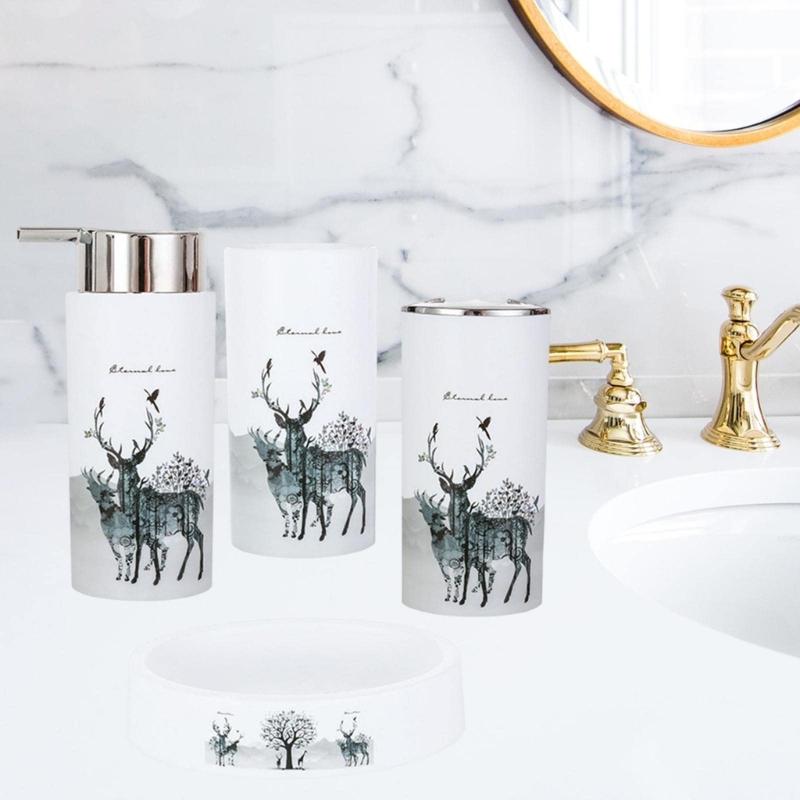 4er-Set Badezimmer-Organizer mit Hirschmotiv, inklusive Zahnbürstenbecher, Seifenschale und Flüssigseifenspender für das Badezimmer zu Hause