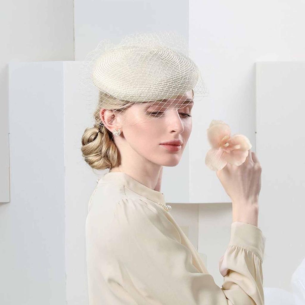 English Womens Church Hat Kentucky Fascinator with Veil Pill Box Hats Derby Womens Hats for Tea Party Wedding Hat