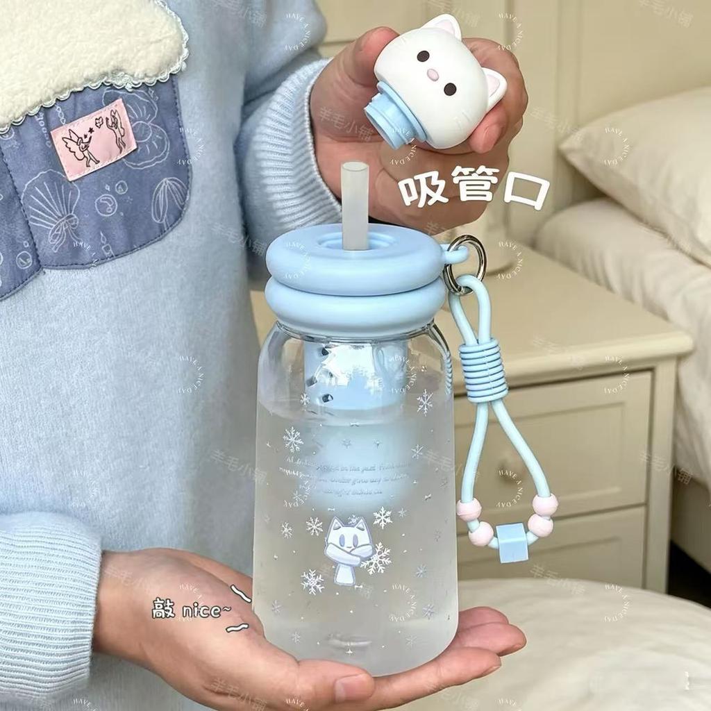 Water bottle summer new cartoon cat plastic cup straw cup portable rope water cup student school large capacity straw cup