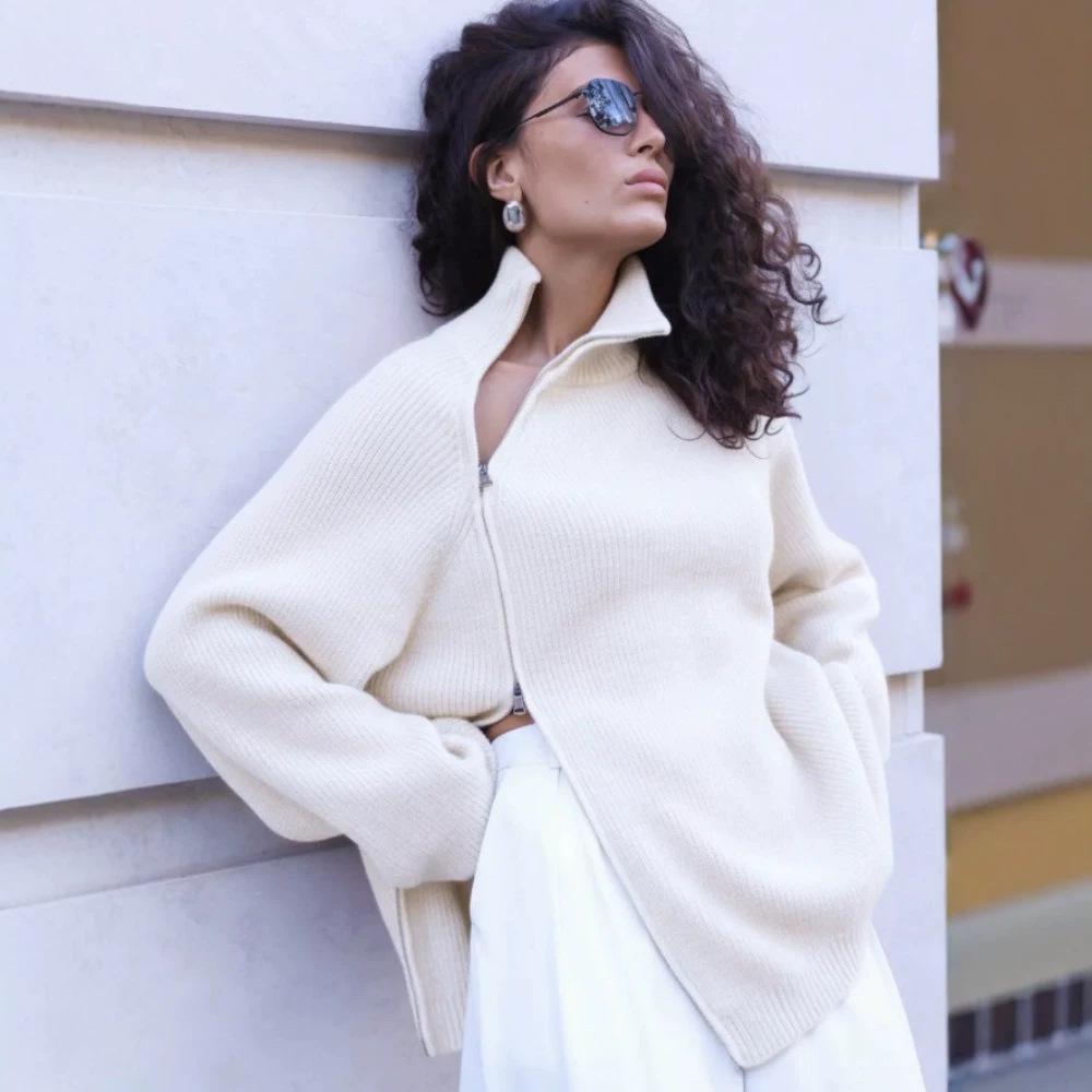 Europe, America and Russia knitted cardigan autumn and winter hot casual side zipper loose stand-up collar women's sweater jacket