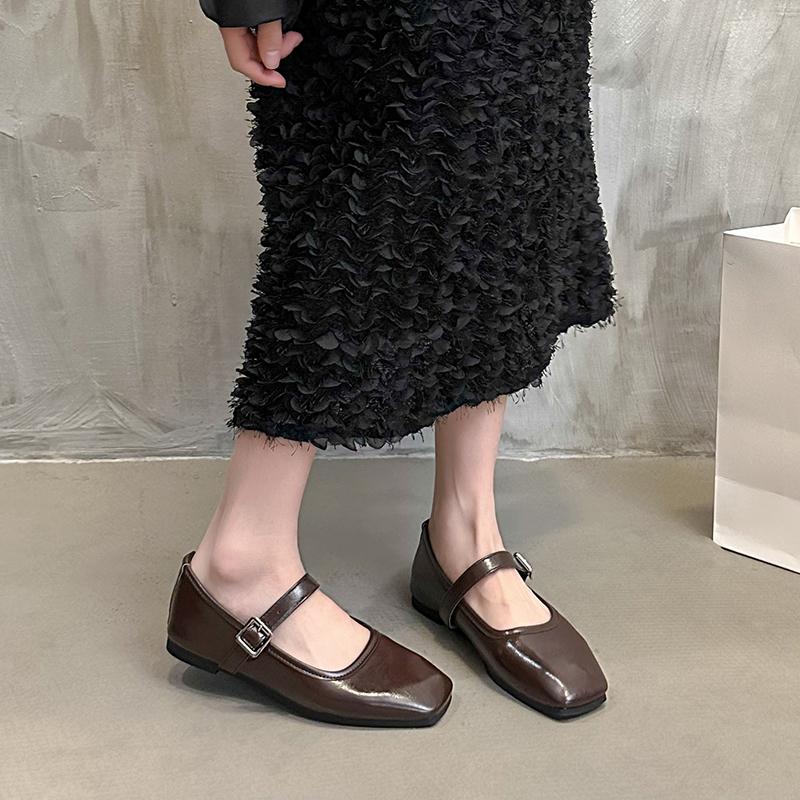 Fashion Mary Jane Shoes Female High Quality Buckle Ballet Shoes for Women Square Toe Flat Cowhide Ladies Single Shoes 2025