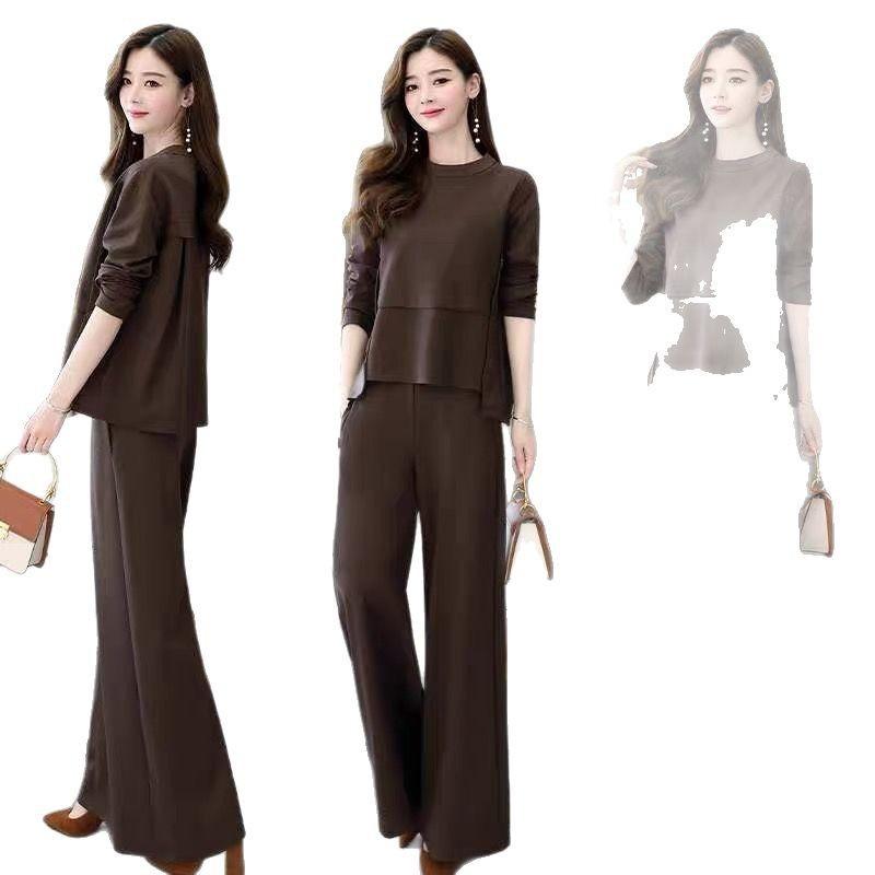 Women's Spring Fall Wide Leg Pants Set – Youthful Slimming Two Piece Tunic Top and Trousers Outfit