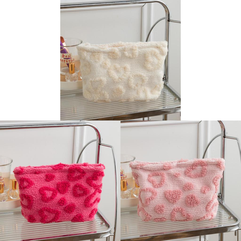 Plush Heart Pattern Travel Makeup Bag With Zipper For Women And Gift Use