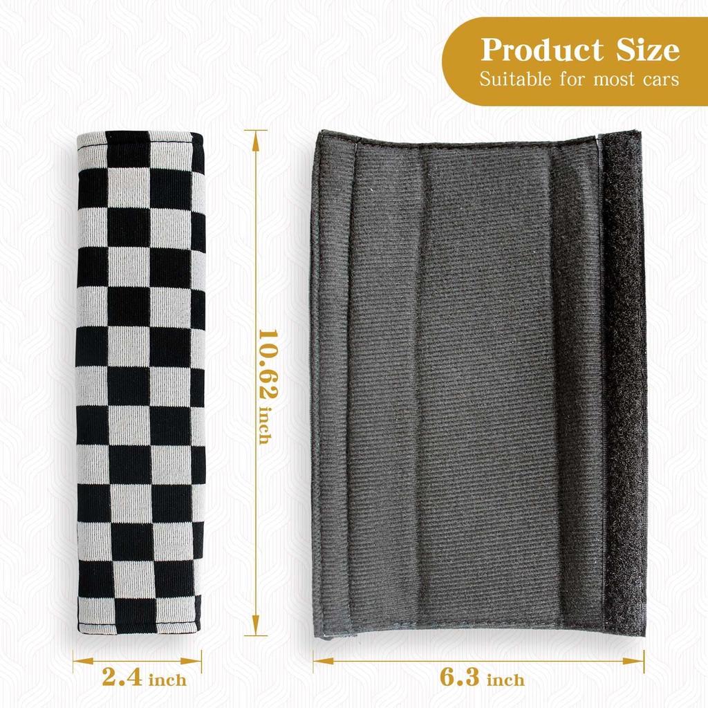 Yumikoo 2 Pack Checkered Seat Belt Covers, Black White Shoulder Pads | Soft Padded Checkered Covers Help Reduce Shoulder Pressure and Add Racing