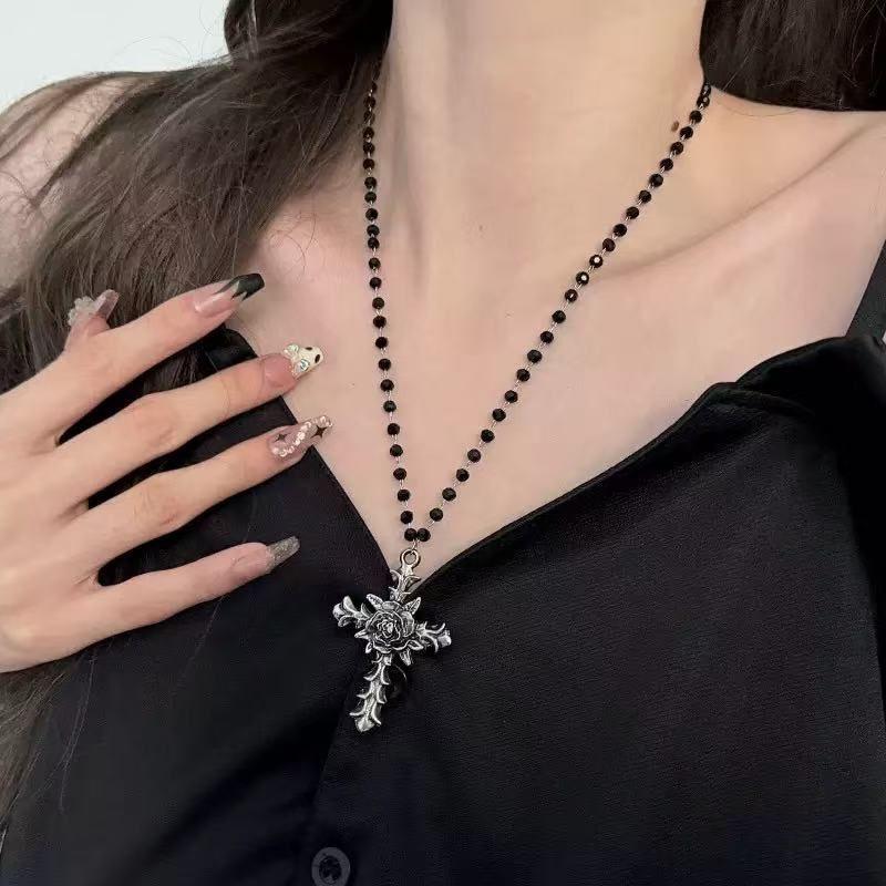 Y2K Gothic Style Black Beaded Cross Necklace & Cool Girl Sweatshirt Accessory