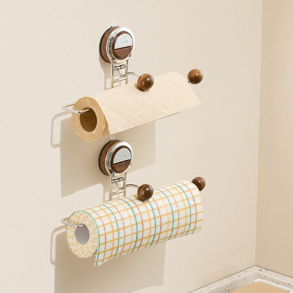 Wall Mounted Suction Cup Roll Paper Holder Punch-Free Dishcloth Hanging Rag Rack for Home