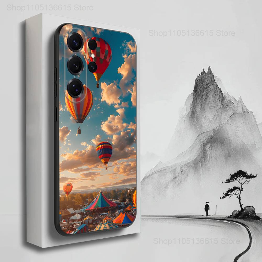 Cute Hot Air Balloon Case For Samsung S21,S20,S10,Plus,S9,S22,S25,Ultra,S24,S23,FE,Lite,Soft Silicone Black