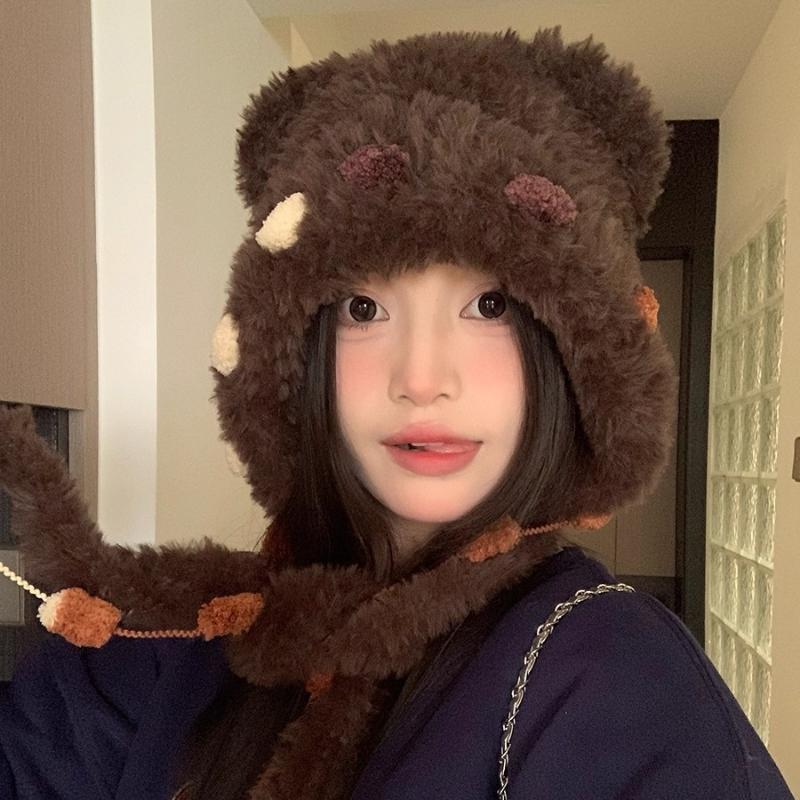 2025 Popular Cute And Fluffy Versatile Little Bear Ear Hat For Women'S Warm Autumn And Winter Colorful Lace-Up Knitted Hat