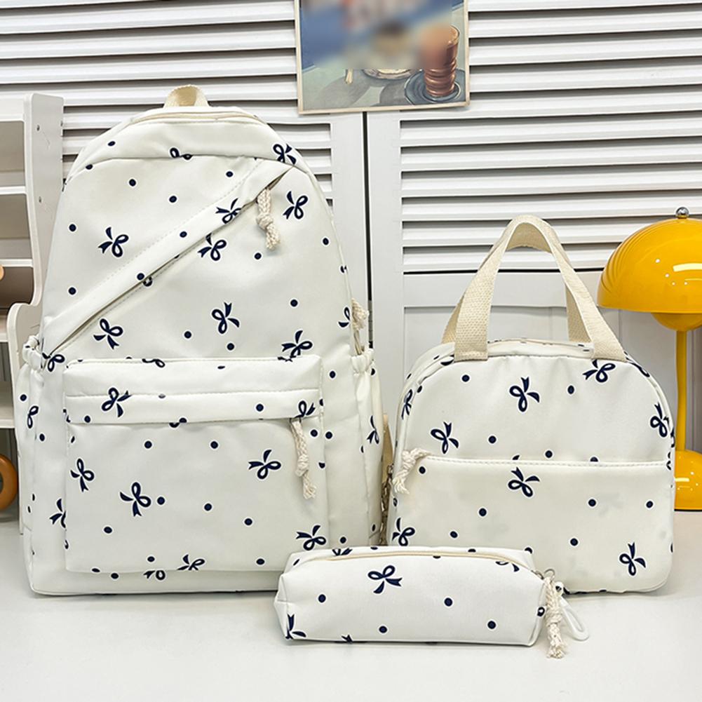 Korean Fashion Bow Print Women Backpack Simple Student Schoolbag Female Bag Set Three-Piece Backpack with Lunch Bag Pencil Case