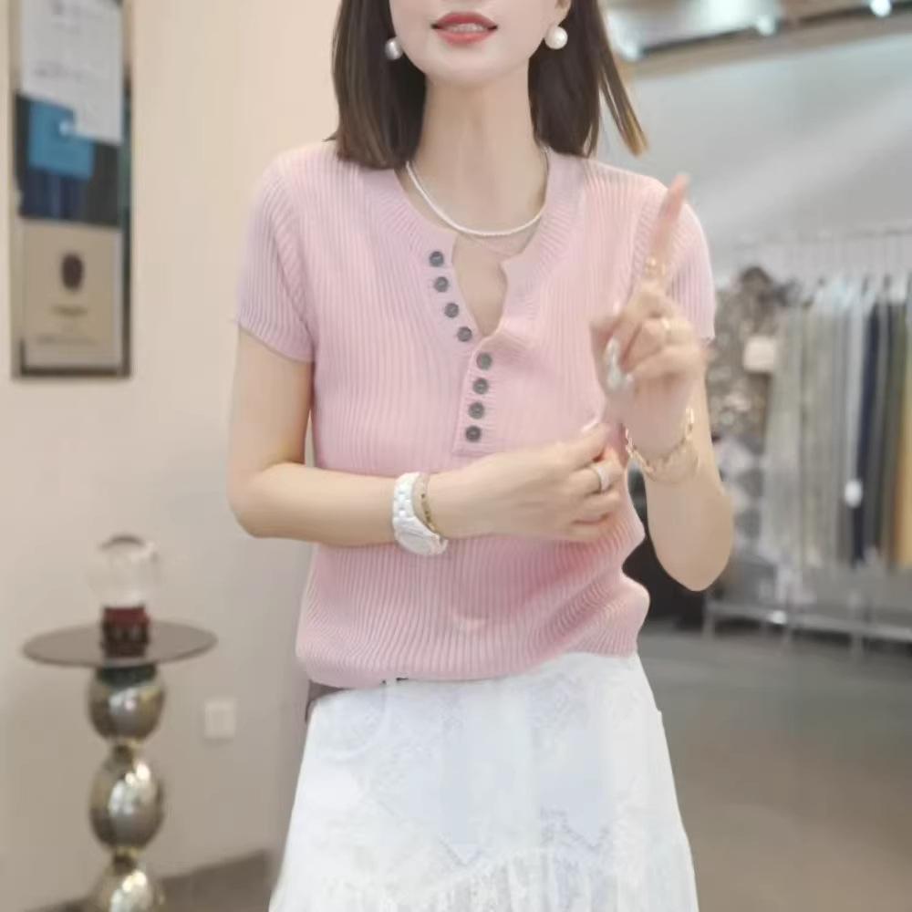 Simple casual semi-open neck knitted short-sleeved t-shirt women's 1116 summer temperament thin versatile bottoming shirt top
