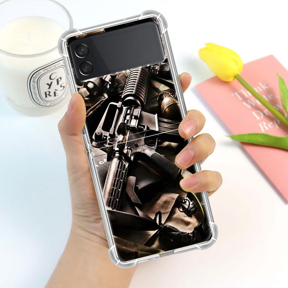 Luxury Case For Samsung Galaxy Z Flip 3 4 5G Funda Z Flip3 Clear PC Hard Shockproof Back Phone Shell AK47 Handgun Gun BUllets