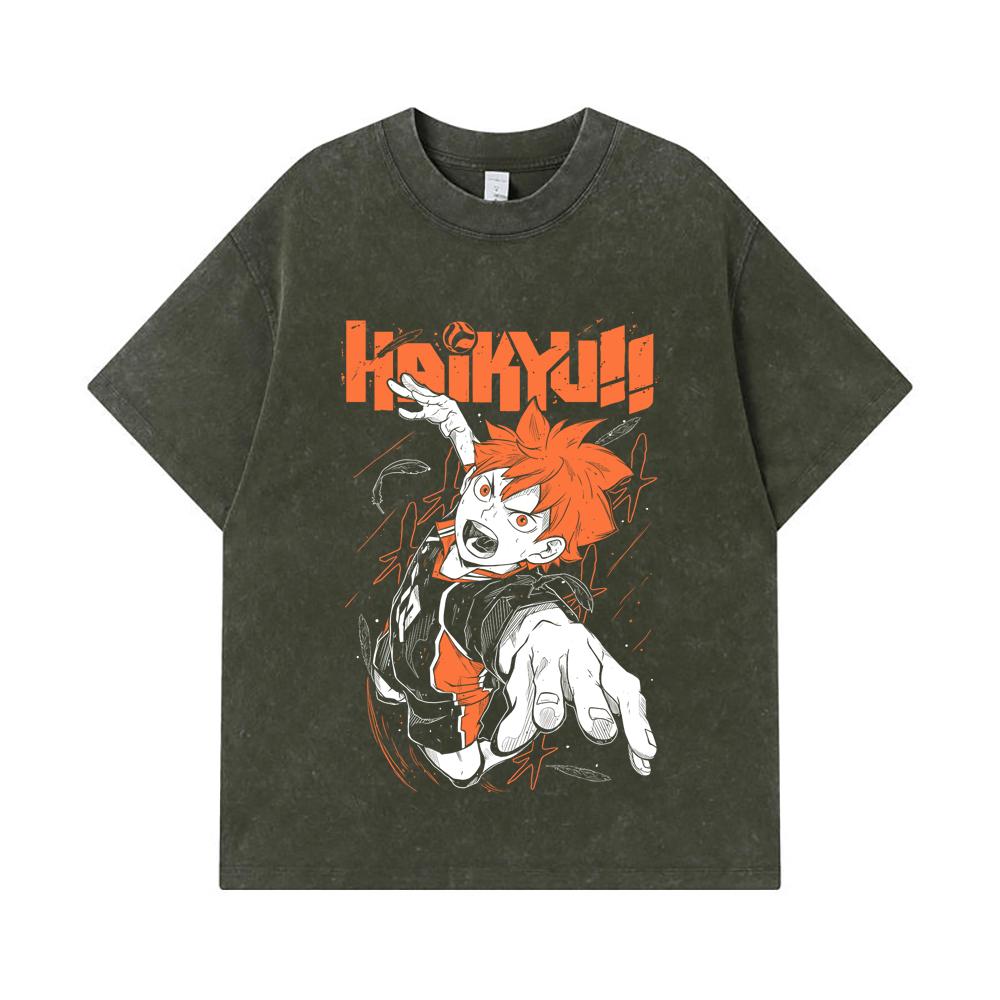 275 GSM Washed T-shirts 100% Cotton Haikyu V1 Hinata Print Unisex Heavy Cotton T Shirt S
