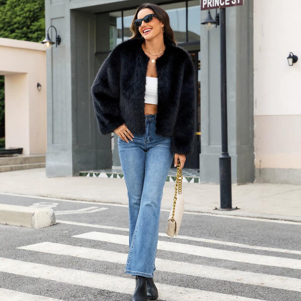 Women's Long Sleeve Cropped Faux Fur Jacket Fluffy Short Coat Open Front Cardigan Casual Warm Winter Outerwear Cozy Fuzzy Jackets Outfits for Women
