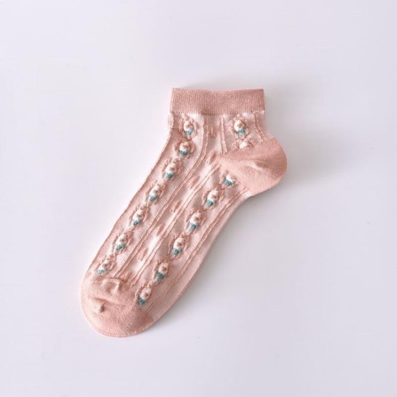 Female Spring Summer Thin Money All GO Up Flower Lace Lovely Pink Pastoral Socks
