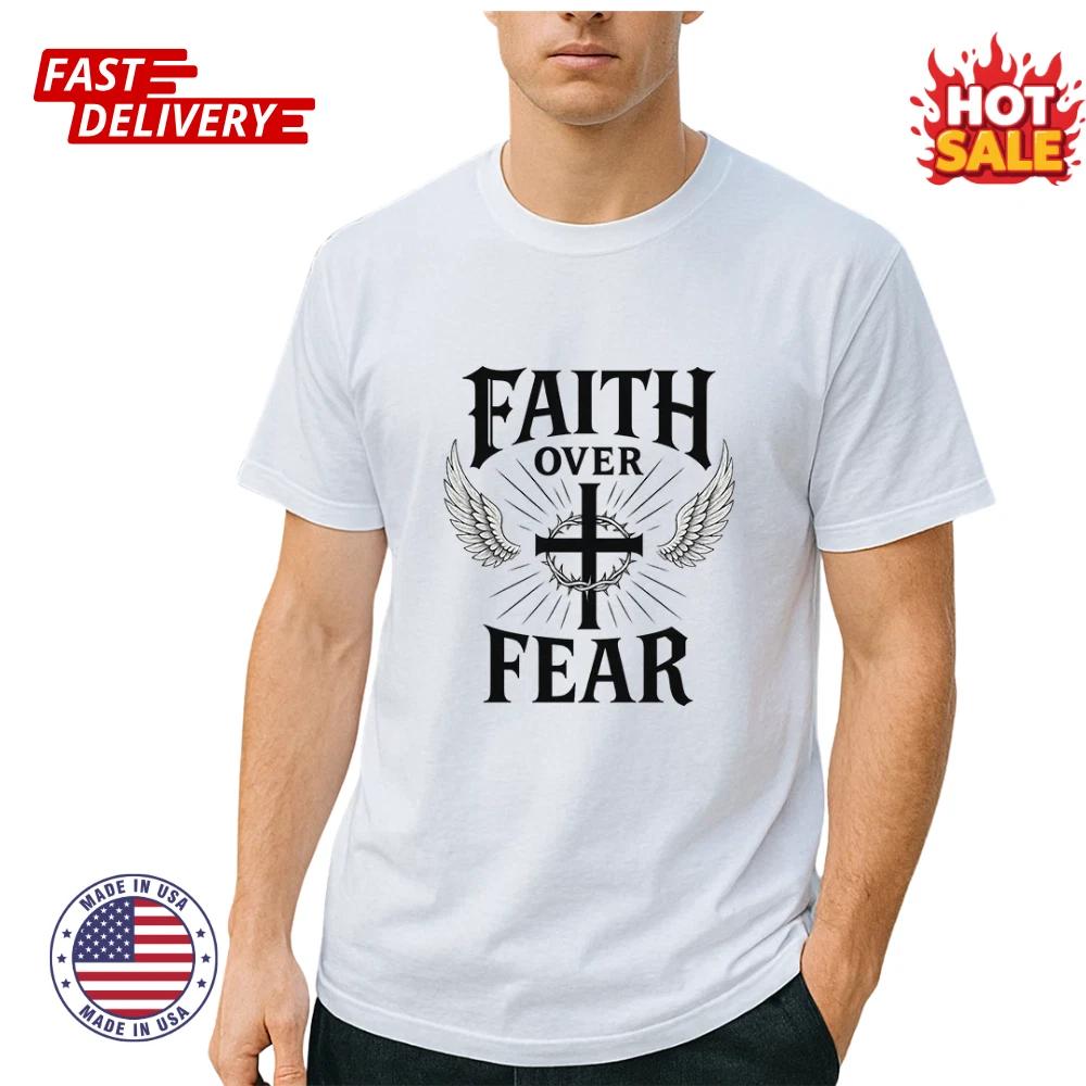 Faith Over Fear Christian Religious Cross & Wings Graphic T shirt Unisex Tee NEW 2XL