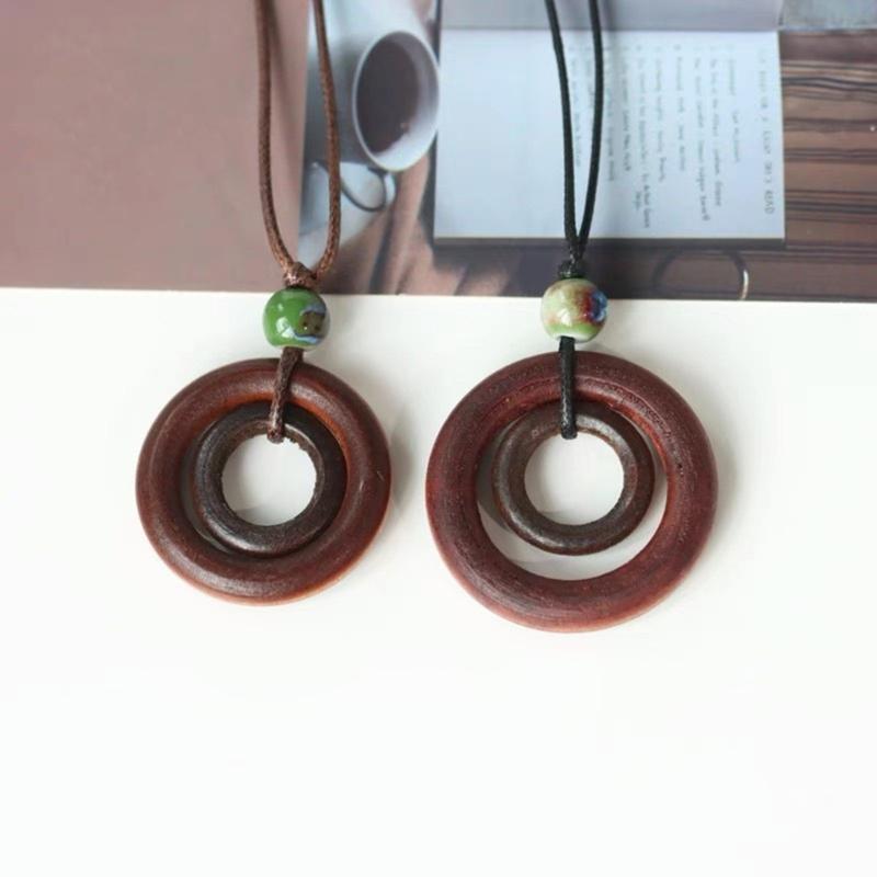 Wood Round Ring Pendant Necklace Adjustable Long Sweater Chain Vintage Handmade Collar Necklace Statement Jewelry
