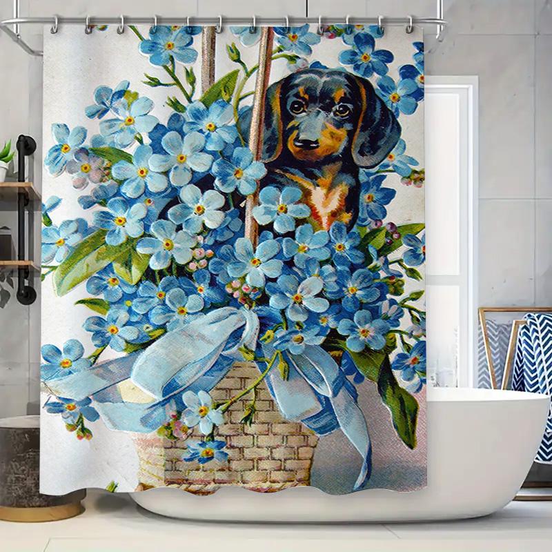 

Blue Flower Shower Curtain With Dog Design Home Decor Bathroom Accessories For Kitchen Washroom Printed Plastic Waterproof Fabri W60H190(CM)-1 Pcs