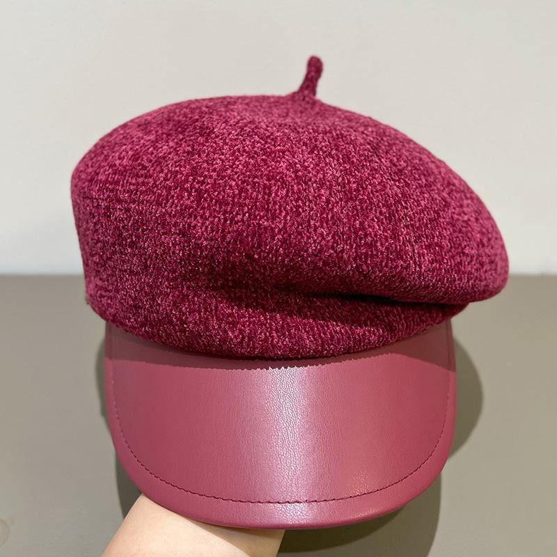 Snowy Neil Beanie Newsboy Hat Women'S Korean-Style Vintage Retro Multi-Purpose Leather Hat Brim