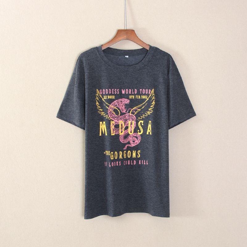 

Летняя одежда 2024 года Новая женская футболка с коротким рукавом и круглым вырезом в повседневном стиле с принтом букв, свободная одежда, стройнящая Dark gray M