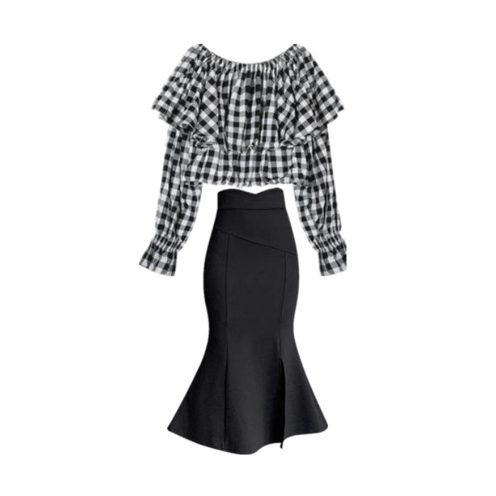 

Internet celebrity suit women plaid shoulder top small fragrant spring foreign style suspender fishtail skirt S