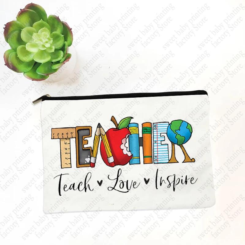 Teach Love Inspire Teacher Makeup Cosmetic Bags  Back To School Gift Beauty Cases Pencil Pouch Organizer Storage Box Mini Purse