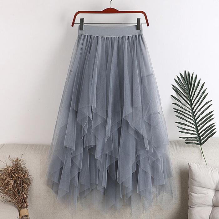 Women Spring Fall High Waist All Match Multi-Layer Color Matching Mesh A Line Skirt