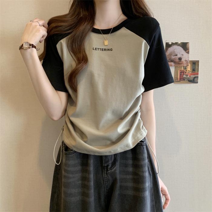 Plus Size Summer Crew Neck Print Drawstring Short Sleeve Slimming T-Shirt for Women
