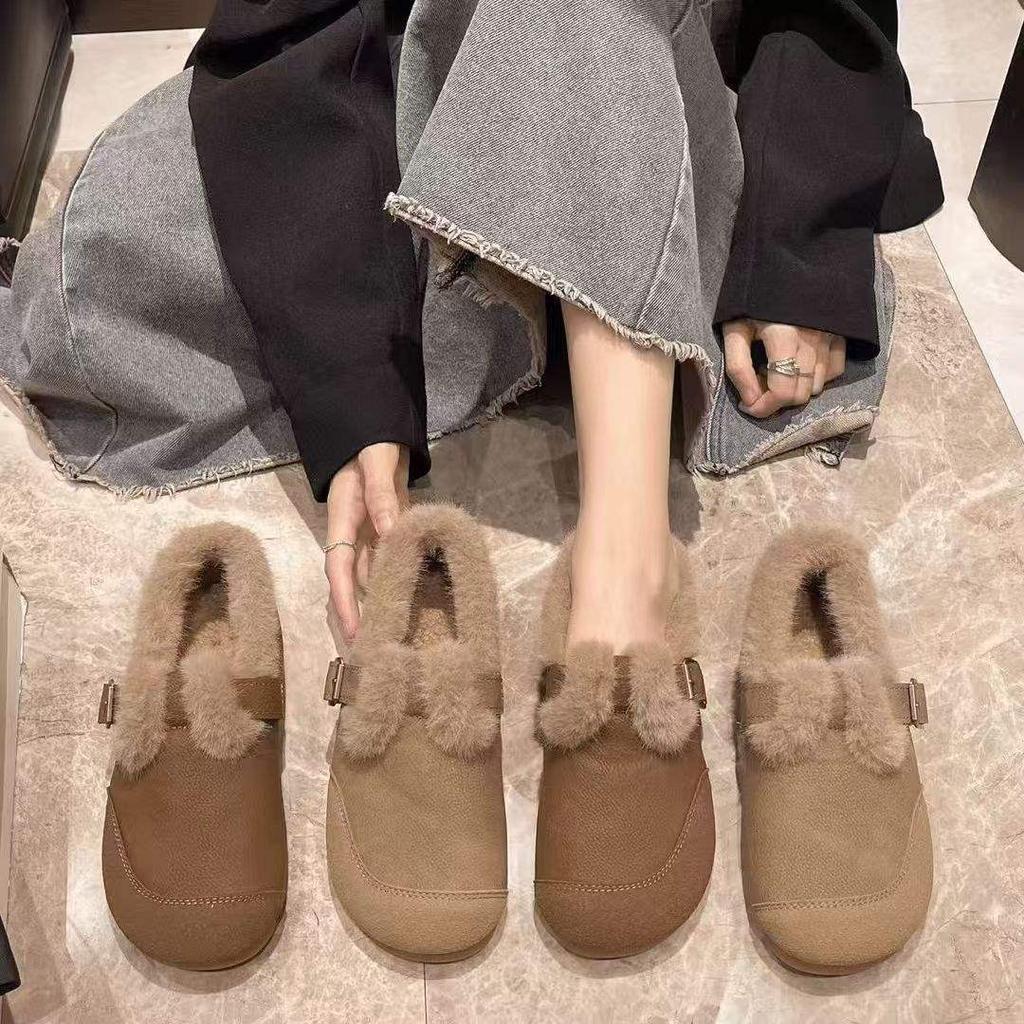 2025 Winter New Velvet Warm Beanie Shoes Women's Soft Sole Non-slip Lazy One Pedal Fashion Birkenstocks Women's Cotton Shoes