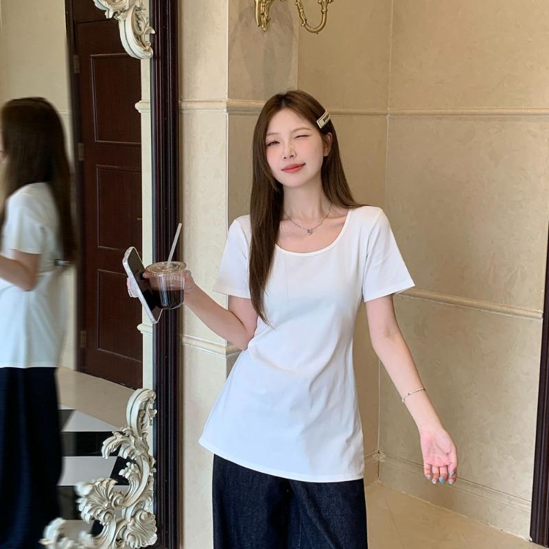 Right Shoulder Summer New Slim Fit Waist Covering Belly Slimming Mid-length Chic Sweet Short-sleeved T-shirt