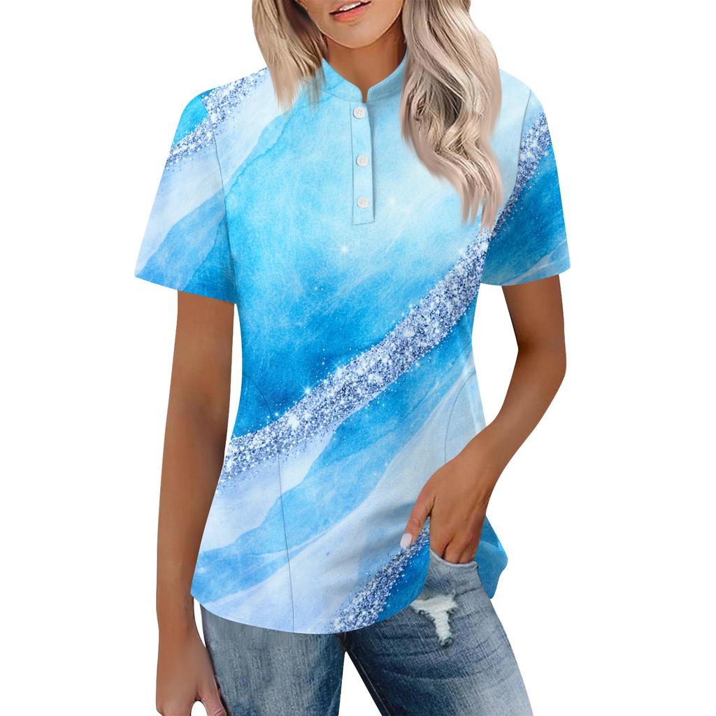 Women’s Casual Polo Neck Loose Fit Short Sleeve Top with Abstract Print and Button for Everyday Wear
