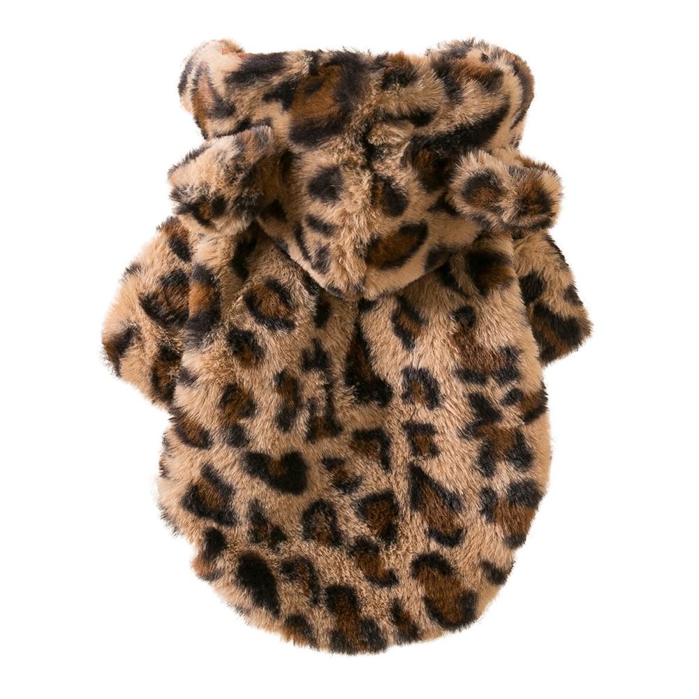 Faux Fur Leopard Dog Coats Pet Jackets Cat Winter Clothes Hoodies Pink Brown Fluffy Cold Weather Apparel with Hooded for Puppy