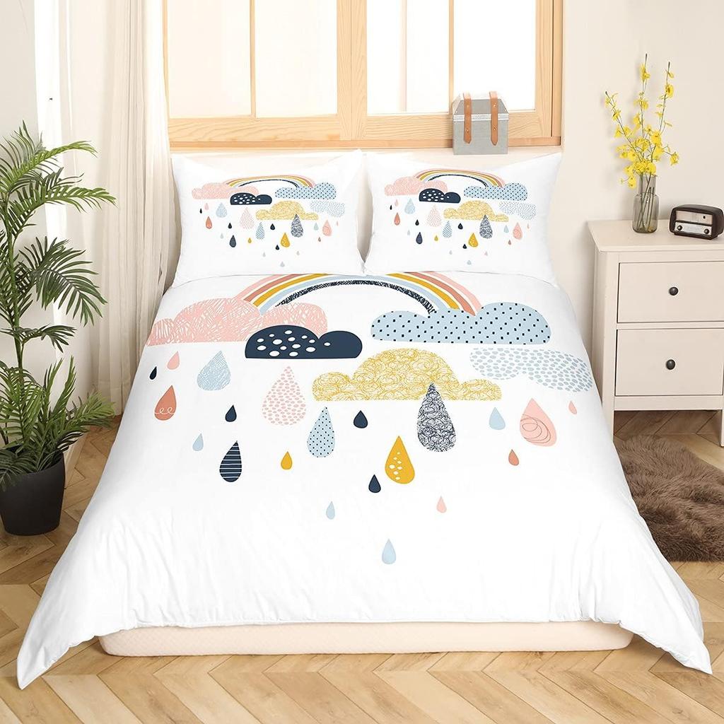 Kids Kawaii Duvet Cover Set Suitable For Girls And Boys Rainbow Moon Star Cute Cartoon Cloud Set Kids Bedroom Decoration 3Pcs