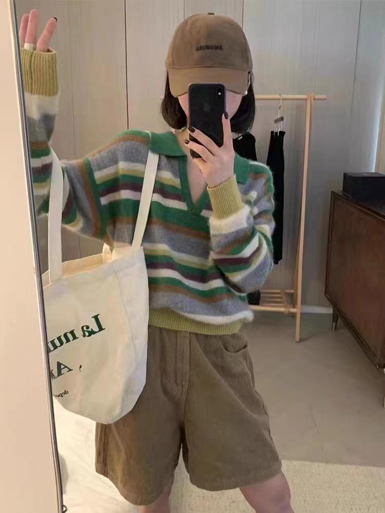 Women's 100% Pure Wool Polo Collar Cashmere Sweater - Fashionable, Versatile, Loose, Color Block Stripe Knit Design