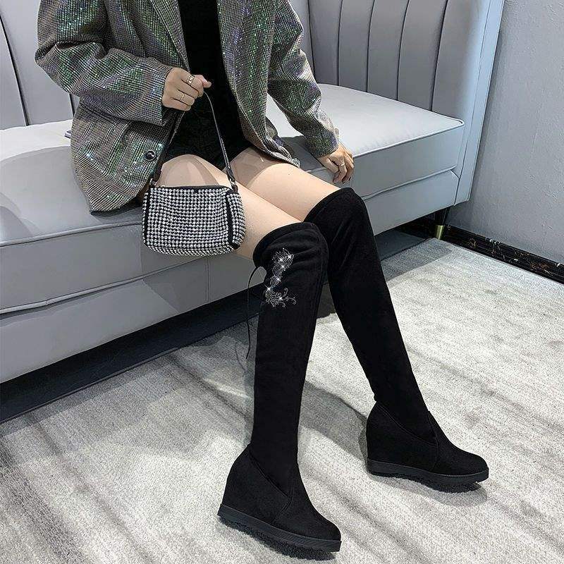 Over Knee Boots Women's Skinny Winter Fleece Elastic Boots Tall Boots Rhinestone Heel Inner Height Increasing Suede Boots