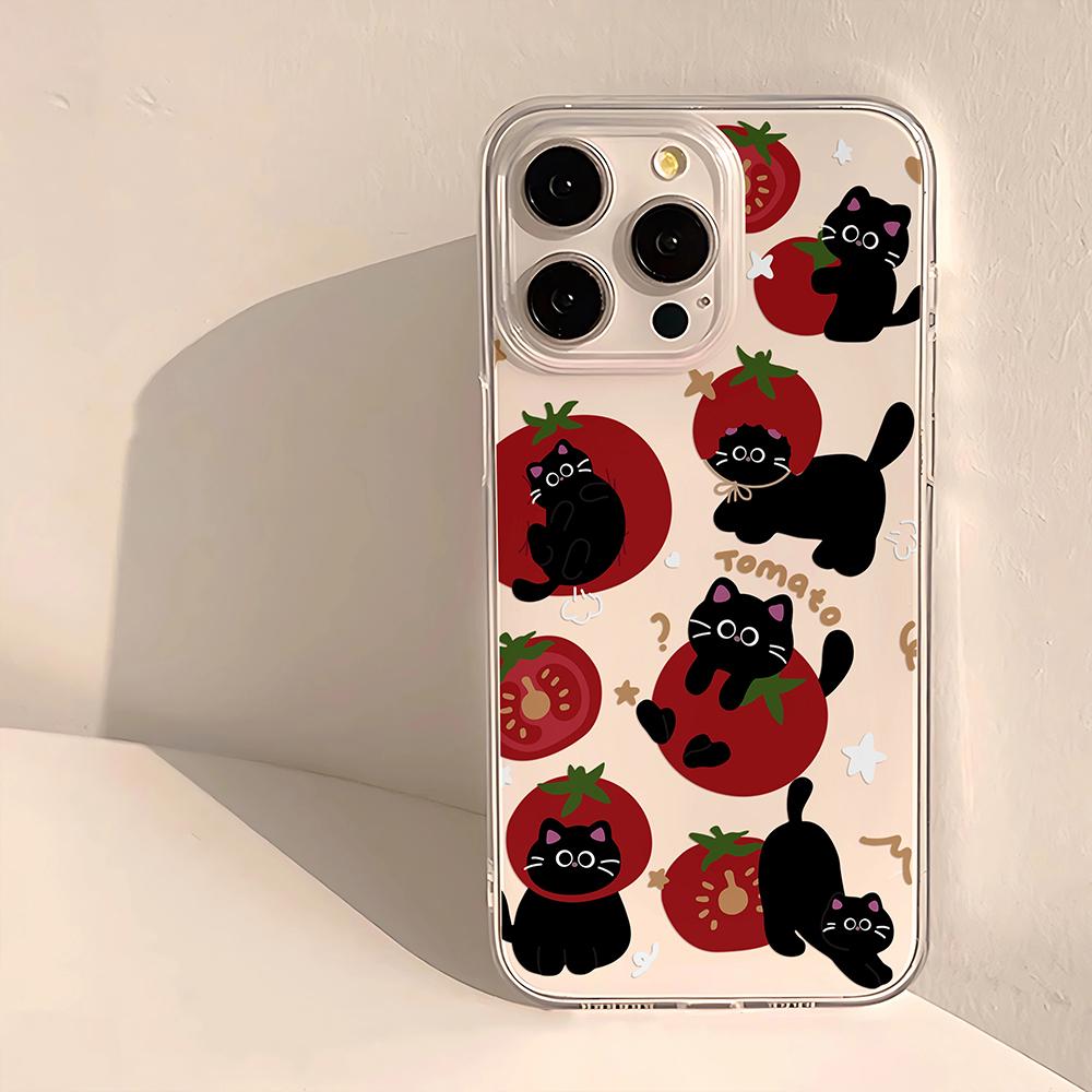 Ins Lovely Tomato Black Cat Cartoon Phone Case For Samsung Galaxy A14 A15 S21 S22 S23 S24 FE Plus Ultra A25 A35 A52 A53 A54 A55