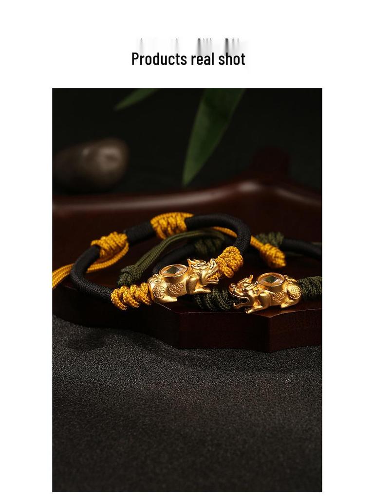 Dragon Knot Gold-Plated Silver Pixiu Bracelet - Handmade Woven Copper, Couple Style, Thai Sand Gold Design for Luck and Fortune.