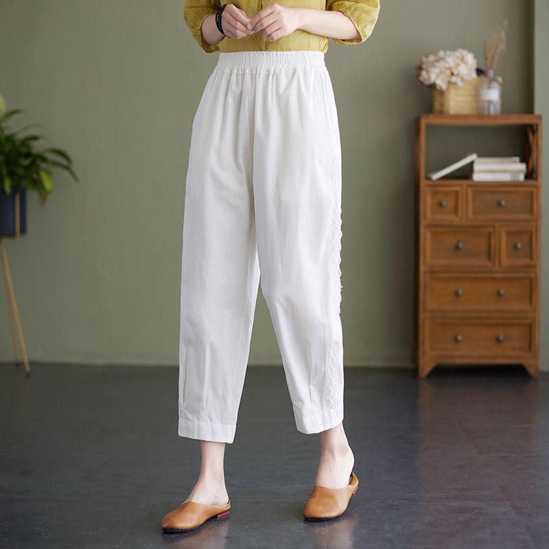 

Women s Summer Cotton-Linen Harem Pants 2025: Slimming, Loose, Cropped, Plus-Size M (95-115 jin) грязно-белый