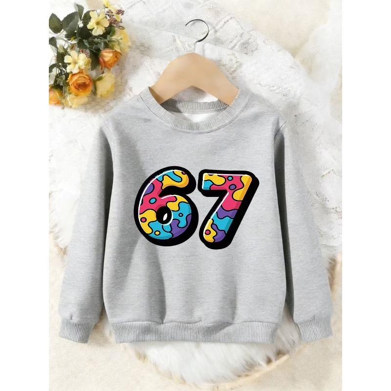 Unisex Kids Crewneck Sweatshirt, Colorful Graffiti Tie Dye 67 Number Print Pullover, Boys Girls Trendy Casual Sweatshirt For Kids Over 4 Years Old