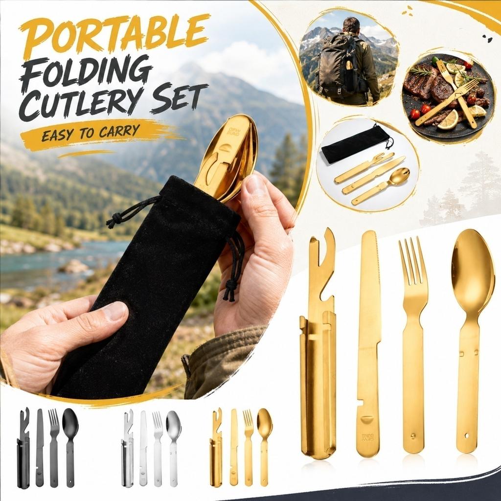 Stainless Steel Outdoor Cutlery Set Portable Folding Knife Fork Spoon Multi-Function Camping Travel Utensil Kit with Carrying Pouch
