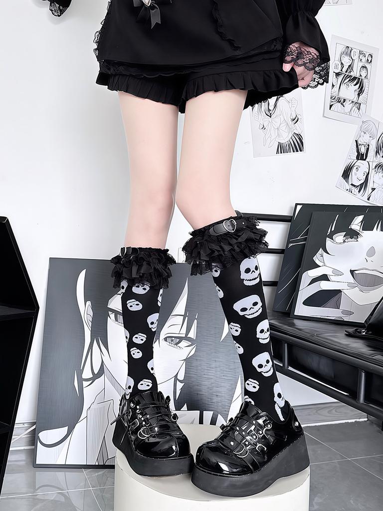 Halloween Diablo Skull Calf Socks Subculture Punk Personality Leather Buckle Pile Lolita Lace Socks Medium Stockings